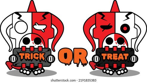 halloween cartoon red devil bone mascot character vector illustration cute skull holding trick or treat board