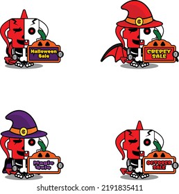halloween cartoon roten Teufel Knochen Maskottchen Vektorgrafik süßer Schädel halloween Paket Set
