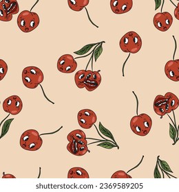 Halloween cartoon retro style pattern with red creepy cherries. Vector seamless background