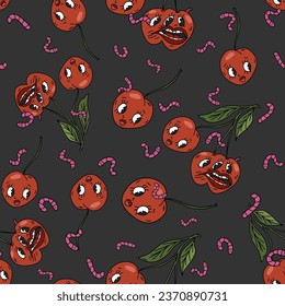 Halloween cartoon retro style pattern with red creepy cherries. Vector seamless background