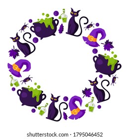 Halloween cartoon round frame with elements - scary black withes cat, cauldron and bottle with potion, candy, autumn leaf, spider and withes hat - traditional holiday symbols - isolated vector