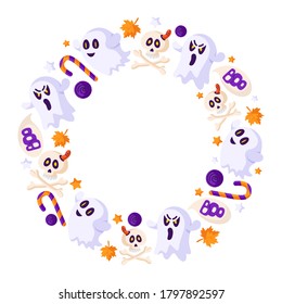 Halloween cartoon round frame or wreath with elements - funny scary ghost, skull, bones, candy cane and lollipop, autumn leaf, boo letters - traditional holiday symbols - isolated vector