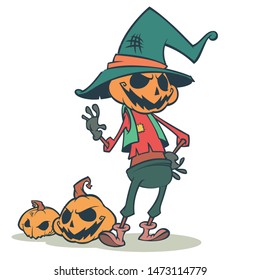 Halloween cartoon scarecrow dummy with pumpkin head. Vector jack-o-lantern  illustration