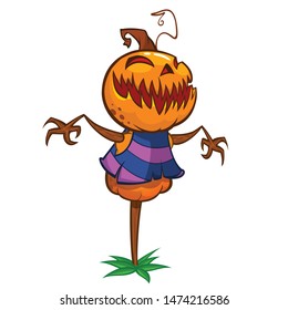 Halloween cartoon scarecrow dummy with pumpkin head. Vector jack-o-lantern  illustration
