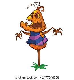 Halloween cartoon scarecrow dummy with pumpkin head. Vector jack-o-lantern  illustration