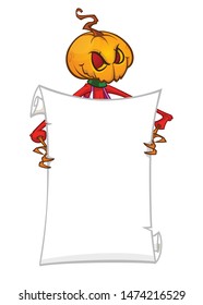 Halloween cartoon scarecrow with pumpkin head holding blank empty scroll paper for text. Vector illustration
