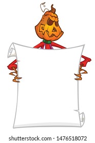 Halloween cartoon scarecrow with pumpkin head holding blank empty scroll paper for text. Vector illustration