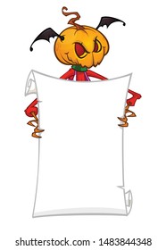 Halloween cartoon scarecrow with pumpkin head holding blank empty scroll paper for text. Vector illustration