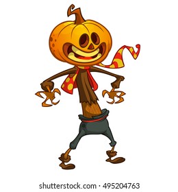 Halloween cartoon scarecrow with pumpkin head. Vector cartoon character isolated on white