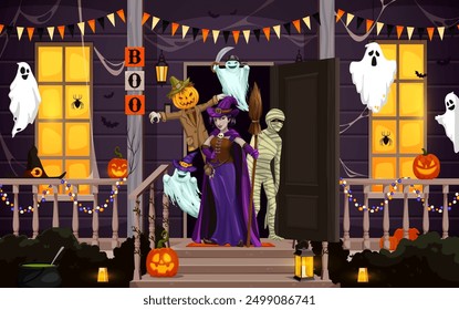 Halloween cartoon scary characters on door porch. Vector decorated cottage house facade with guests wearing costumes of witch, scarecrow, ghosts and mummy ready to celebrate All Hallows Eve with a fun