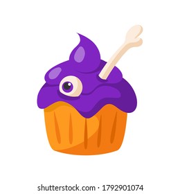 Halloween cartoon scary creepy cake with bone and eye, traditional holiday symbol, single isolated element on white background - vector illustration