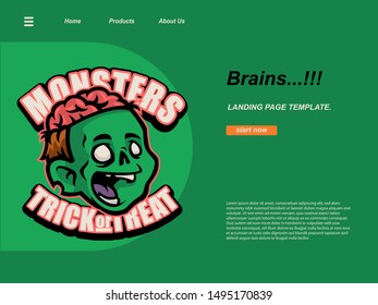 halloween cartoon scene with the zombie head is open and the brain is visible using green background. landing page website design template, background and banner
