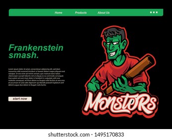 halloween cartoon scene with zombie wearing red t-shirt and holding baseball stick using black background. landing page website design template, background and banner