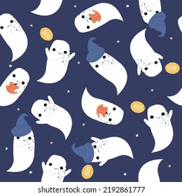 Halloween cartoon seamless ghost and pumpkins pattern. Funny childish print. Vector hand drawn illustration.