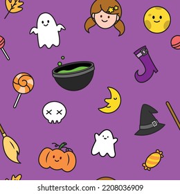 Halloween cartoon seamless pattern background. Cute character. Element of ghost, skull, candy, pumpkin and moon. Vector illustration