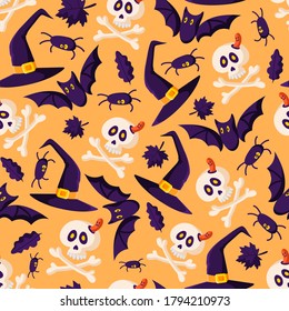 Halloween cartoon seamless pattern - black bat, skull and bones, spider, witches hat and autumn leaves, traditional holiday symbols - vector seamless background for print or textile design