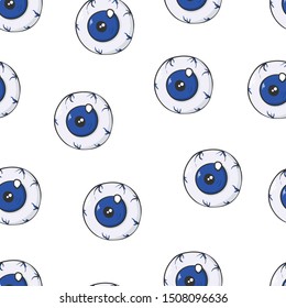 Halloween cartoon seamless pattern of creepy blue eyes. Autumn holiday vector illustration for textile design, wrapping paper, wallpaper and background