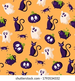 Halloween cartoon seamless pattern - creepy pumpkin lanterns with scary faces, ghost, black witches cat, cauldron, spider, traditional holiday symbols on orange background, vector seamless texture