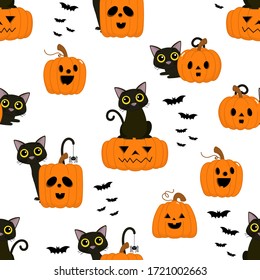 Halloween cartoon seamless pattern. Cute black cat, orange pumpkin and bat. Animal holidays character. -Vector.