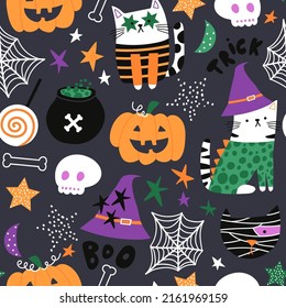 Halloween cartoon seamless pattern  Cute dressed cats seasonal party  Vector illustration