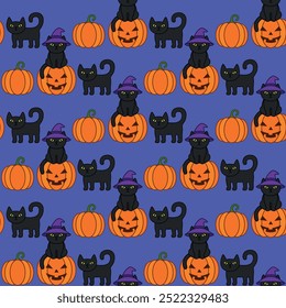 Halloween cartoon seamless pattern. Cute black cat, orange pumpkin. Animal holidays character. Vector.