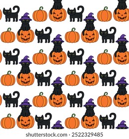 Halloween cartoon seamless pattern. Cute black cat, orange pumpkin. Animal holidays character. Vector.