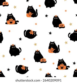 Halloween cartoon seamless pattern. Cute black cat and spooky pumpkin. Animal holidays character. -Vector.