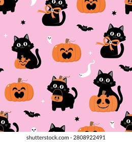 Halloween cartoon seamless pattern. Cute black cat and spooky pumpkin. Animal holidays character and background. -Vector.