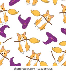 Halloween cartoon seamless pattern. Funny Corgi dog with witch hat and broom. Vector illustration.