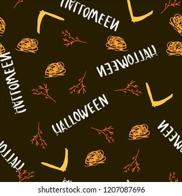 Halloween cartoon seamless pattern. Hand drawn vector background. Illustration can be used for poster, t-shirt, banner, flyer, invitation and mug.