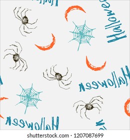 Halloween cartoon seamless pattern. Hand drawn vector background. Illustration can be used for poster, t-shirt, banner, flyer, invitation and mug.