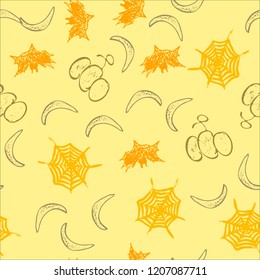 Halloween cartoon seamless pattern. Hand drawn vector background. Illustration can be used for poster, t-shirt, banner, flyer, invitation and mug.