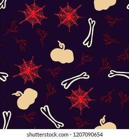 Halloween cartoon seamless pattern. Hand drawn vector background. Illustration can be used for poster, t-shirt, banner, flyer, invitation and mug.