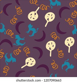 Halloween cartoon seamless pattern. Hand drawn vector background. Illustration can be used for poster, t-shirt, banner, flyer, invitation and mug.