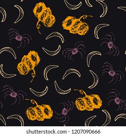Halloween cartoon seamless pattern. Hand drawn vector background. Illustration can be used for poster, t-shirt, banner, flyer, invitation and mug.