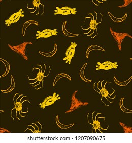 Halloween cartoon seamless pattern. Hand drawn vector background. Illustration can be used for poster, t-shirt, banner, flyer, invitation and mug.