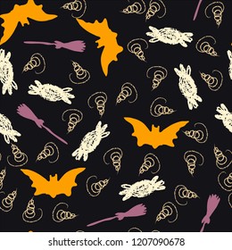 Halloween cartoon seamless pattern. Hand drawn vector background. Illustration can be used for poster, t-shirt, banner, flyer, invitation and mug.
