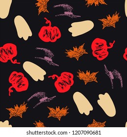 Halloween cartoon seamless pattern. Hand drawn vector background. Illustration can be used for poster, t-shirt, banner, flyer, invitation and mug.