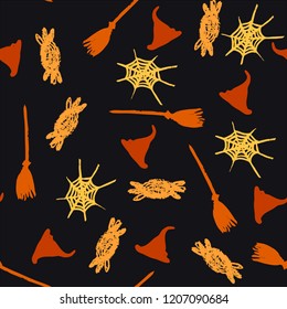 Halloween cartoon seamless pattern. Hand drawn vector background. Illustration can be used for poster, t-shirt, banner, flyer, invitation and mug.