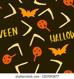 Halloween cartoon seamless pattern. Hand drawn vector background. Illustration can be used for poster, t-shirt, banner, flyer, invitation and mug.