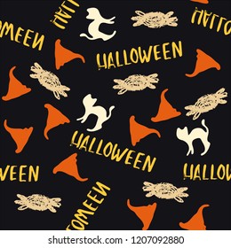 Halloween cartoon seamless pattern. Hand drawn vector background. Illustration can be used for poster, t-shirt, banner, flyer, invitation and mug.