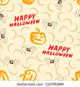 Halloween cartoon seamless pattern. Hand drawn vector background. Illustration can be used for poster, t-shirt, banner, flyer, invitation and mug.