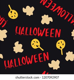 Halloween cartoon seamless pattern. Hand drawn vector background. Illustration can be used for poster, t-shirt, banner, flyer, invitation and mug.