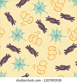 Halloween cartoon seamless pattern. Hand drawn vector background. Illustration can be used for poster, t-shirt, banner, flyer, invitation and mug.