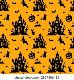 Halloween cartoon seamless pattern with haunted houses, flying witches, jack-o'-lantern pumpkins, bats, black cats, cemetery crosses, barren trees, and stars. Dark brown silhouettes on a warm yellow-orange background create a spooky yet playful seasonal vector repeat for fabric, wallpaper, wrapping paper, party decorations, greeting cards, invitations, apparel, packaging, and autumn holiday projects.