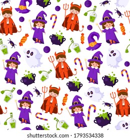 Halloween cartoon seamless pattern - kids in halloween costumes of devil and witch, scary creepy ghost, spider, cauldron with potion, traditional holiday symbols - vector seamless background