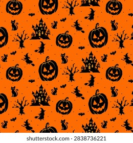 Halloween cartoon seamless pattern with large jack o lantern pumpkins, flying witches, haunted houses, black cats, bats and spooky bare trees. Dark brown Halloween silhouettes on a bright orange background for fabric, wallpaper, wrapping paper, party decorations and seasonal packaging.