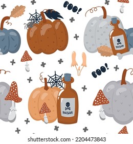 Halloween cartoon seamless pattern. Pumpkins with poison and poisonous mushrooms. 
 Children Vector illustration