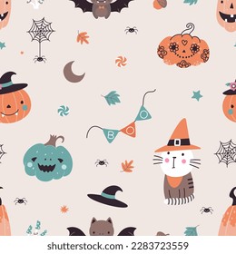 Halloween cartoon seamless pattern with pumpkins, bat and spider. Witch cat in hat, spooky creatures vector fabric or paper print