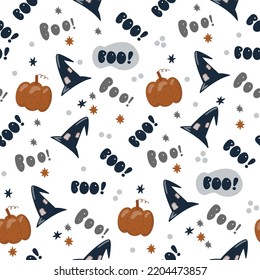 Halloween cartoon seamless pattern.Pumpkins and scary hats . 
 Children Vector illustration